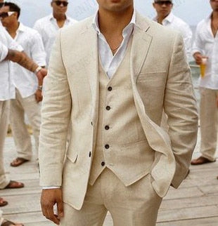 2020 Suit Men Linen Beige Beach Wedding Suits for Men Casual Man Blazer Custom Groom Tuxedo Jacket Pants Set Mens Suits 3 Pieces