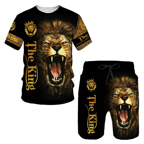 Ferocious Lion Summer 3D Printed Men's T-shirt Shorts Set Men's Sportswear Tracksuit O Neck Short Sleeve Men's Clothing Suit